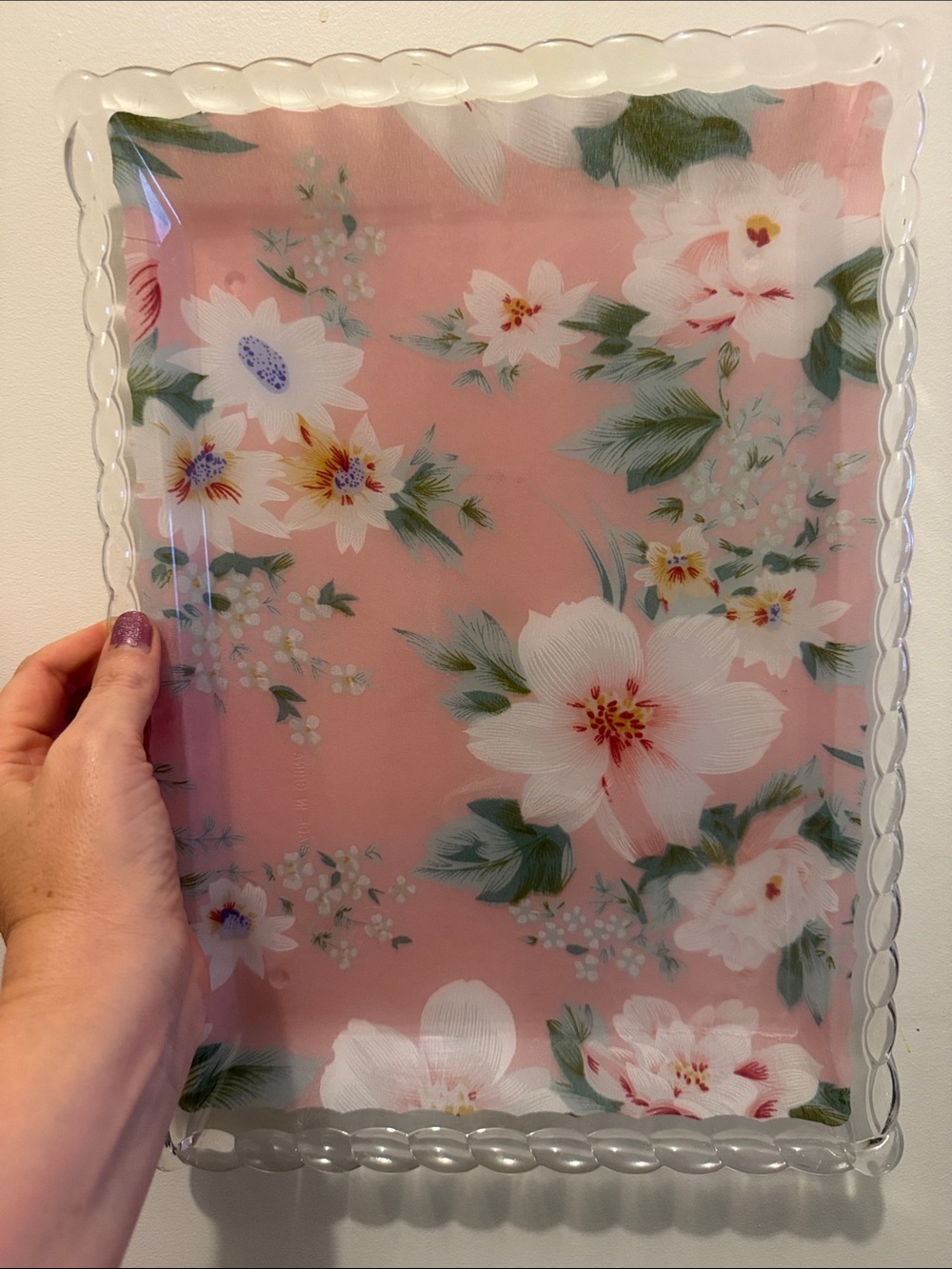 Vintage Floral Pink Rectangular Hard Plastic Serving Scalloped Tray